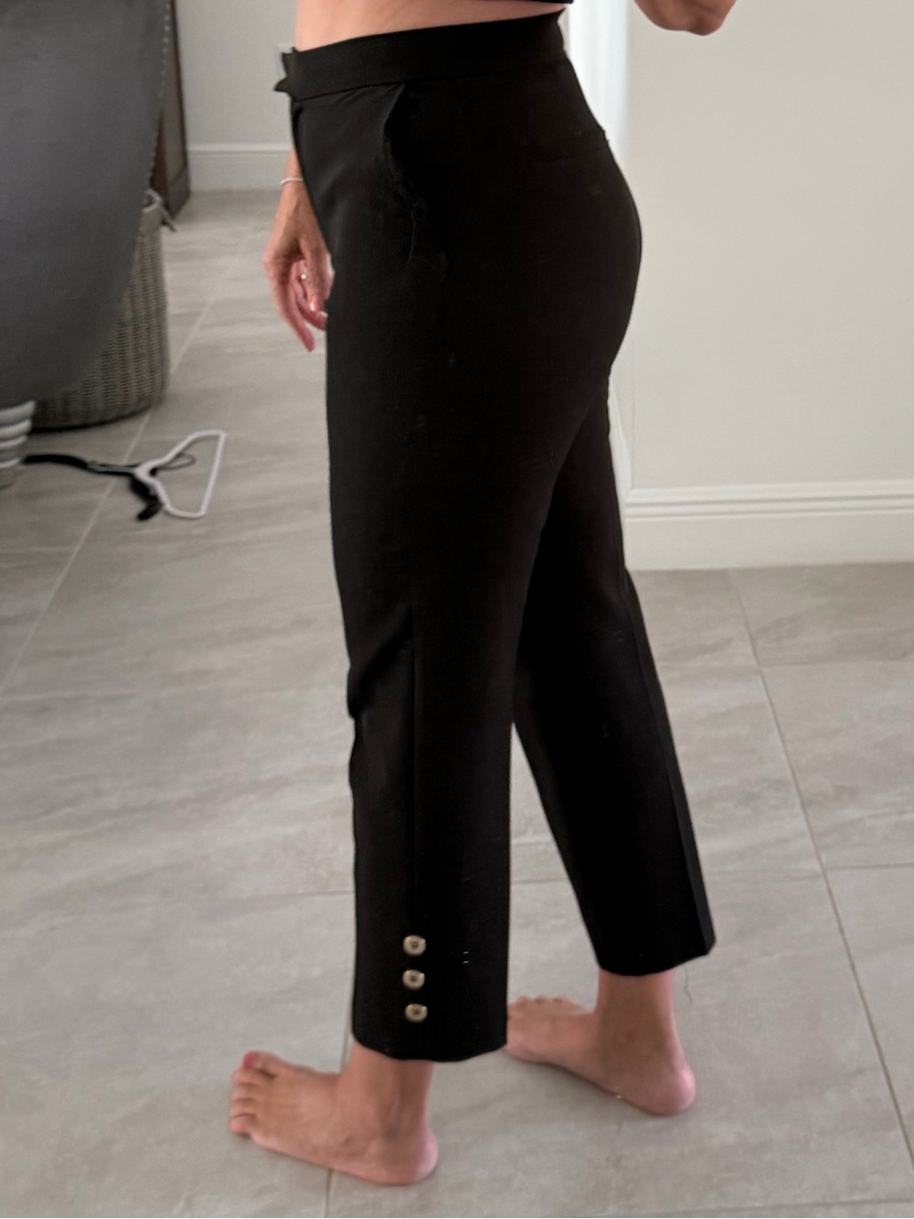 High-Rise Black Cropped Ponte Pants with Button Hem